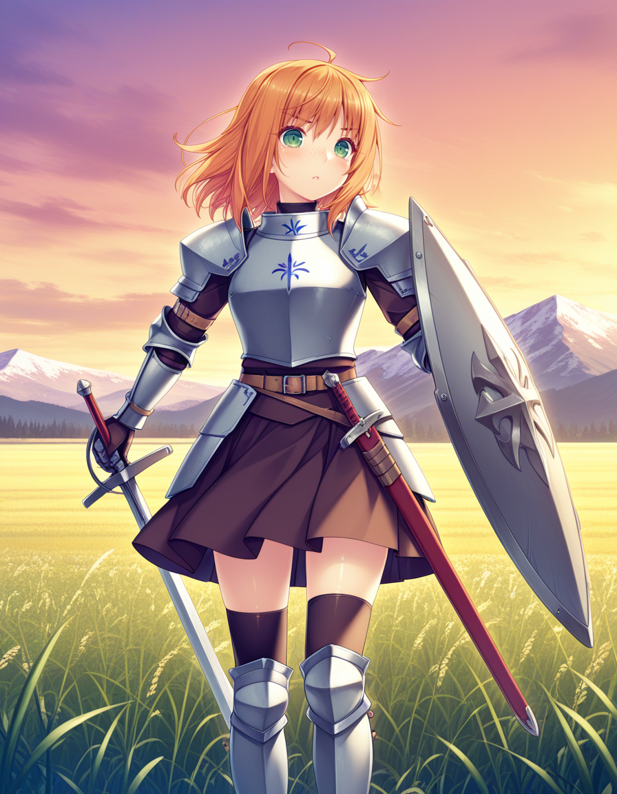 (sayori), <lora:1_illu_sayori_8e:1>, 1girl, armor, sword and shield, skirt, freckles, orange hair, medium hair, green eyes, field, mountains, (masterpiece, best quality, amazing quality),