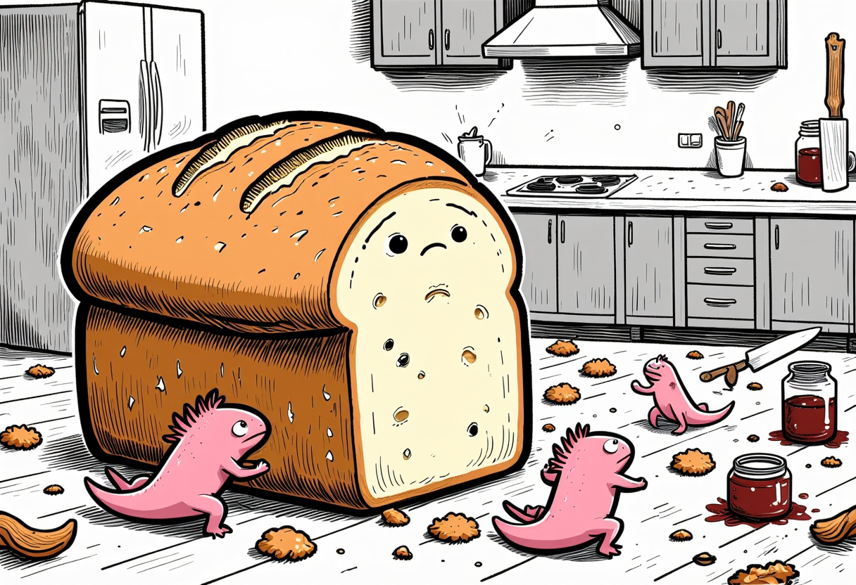 th3s1mpl3st comic, A group of five axolotls, no bigger than a childâs hand, each straining as they try to lift an enormous loaf of bread, their arms extended upward as they wobble under its weight. One axolotl is at the front, gripping the crust with both hands, while two axolotls at the back push with their shoulders, their faces showing determination. The loaf, textured with golden-brown cracks on its surface, looks like a mountain above them, crumbs falling as they shuffle across the wooden floor. In the background, towering kitchen cabinets loom above them like skyscrapers, casting long shadows that stretch toward the axolotls. A giant knife rests nearby, its polished blade reflecting the axolotls' efforts, and a spilled jar of jam creates a sticky river to one side, trapping their tiny feet if they step too close., the axolotls have pink frilly gills and round black eyes