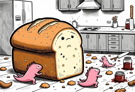 th3s1mpl3st comic, A group of five axolotls, no bigger than a childâs hand, each straining as they try to lift an enormous loaf of bread, their arms extended upward as they wobble under its weight. One axolotl is at the front, gripping the crust with both hands, while two axolotls at the back push with their shoulders, their faces showing determination. The loaf, textured with golden-brown cracks on its surface, looks like a mountain above them, crumbs falling as they shuffle across the wooden floor. In the background, towering kitchen cabinets loom above them like skyscrapers, casting long shadows that stretch toward the axolotls. A giant knife rests nearby, its polished blade reflecting the axolotls' efforts, and a spilled jar of jam creates a sticky river to one side, trapping their tiny feet if they step too close., the axolotls have pink frilly gills and round black eyes