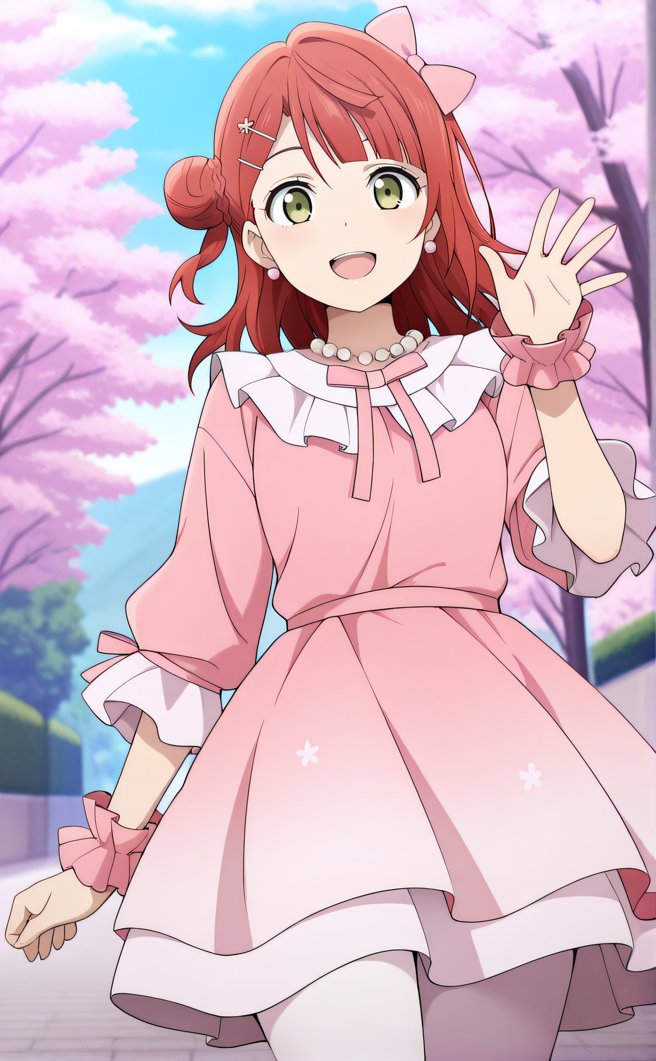 masterpiece, best quality, highres, newest, 1girl, solo, official style, anime screencap, <lora:Uehara_Ayumu:1>, ayumu, red hair, single side bun, blunt bangs, hairpin, green eyes, pink_ribbon, sided head bow, white frilled collar, pink dress, pink sleeves, necklace, earrings, frilled wristbands, rolled up sleeves, white pantyhose, cowboy shot, looking at viewer, smile, hand up, open mouth, outdoor, outstretched hand to the viewer, five fingers:1.3, cherry blossom