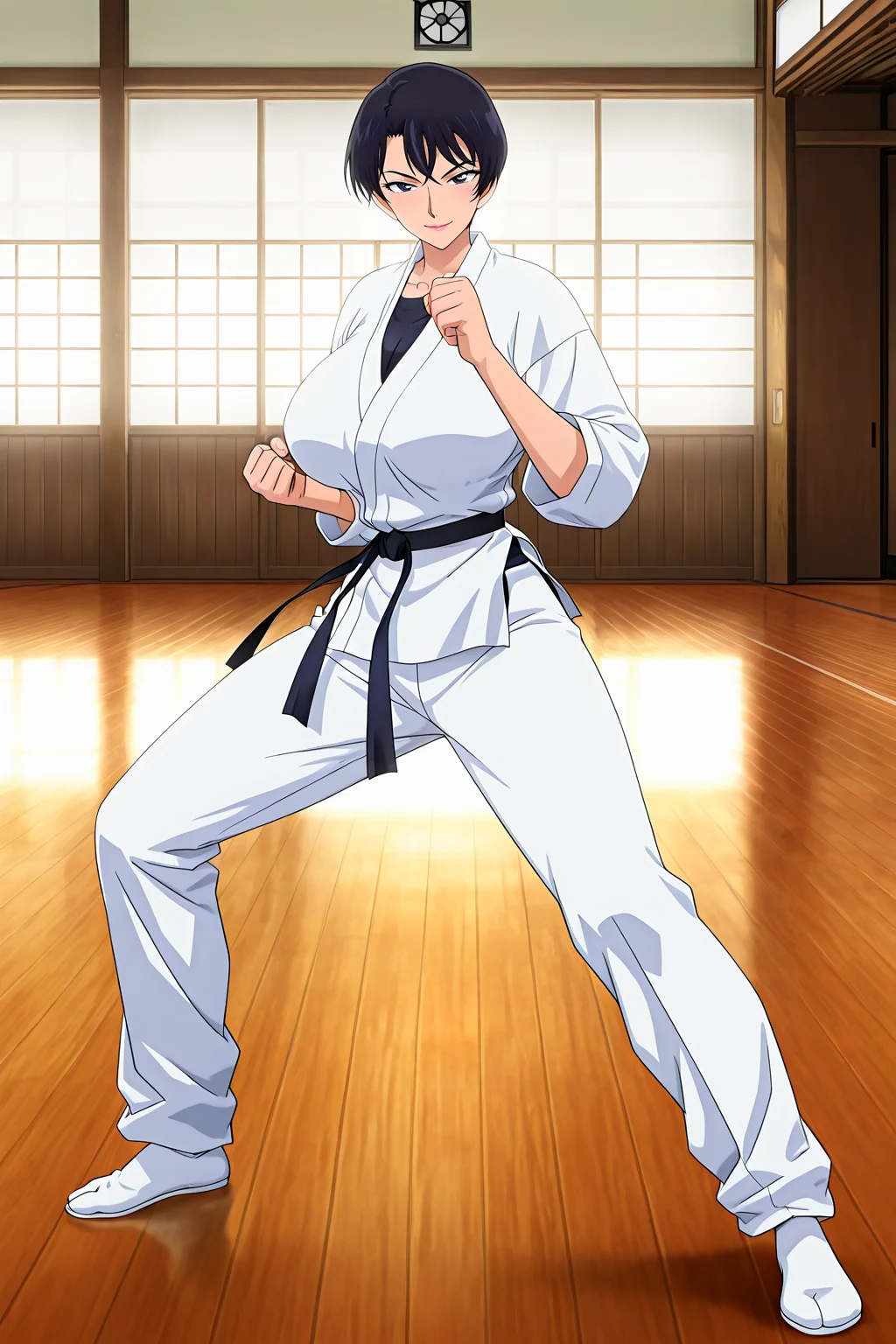 front view,dojo, 
1girl,mature female,milf,huge breasts,narrow waist,wide hips,looking at viewer,full body,standing,seductive smile,long legs,slim legs,
Best quality,masterpiece,soft light,official art,high quality,highres,absurdres,epic scene,natural textures,<lora:Tsukamoto Kazumi IL V2:1>,tsukamoto kazumi,short hair,black hair,black eyes,dougi, fighting stance,