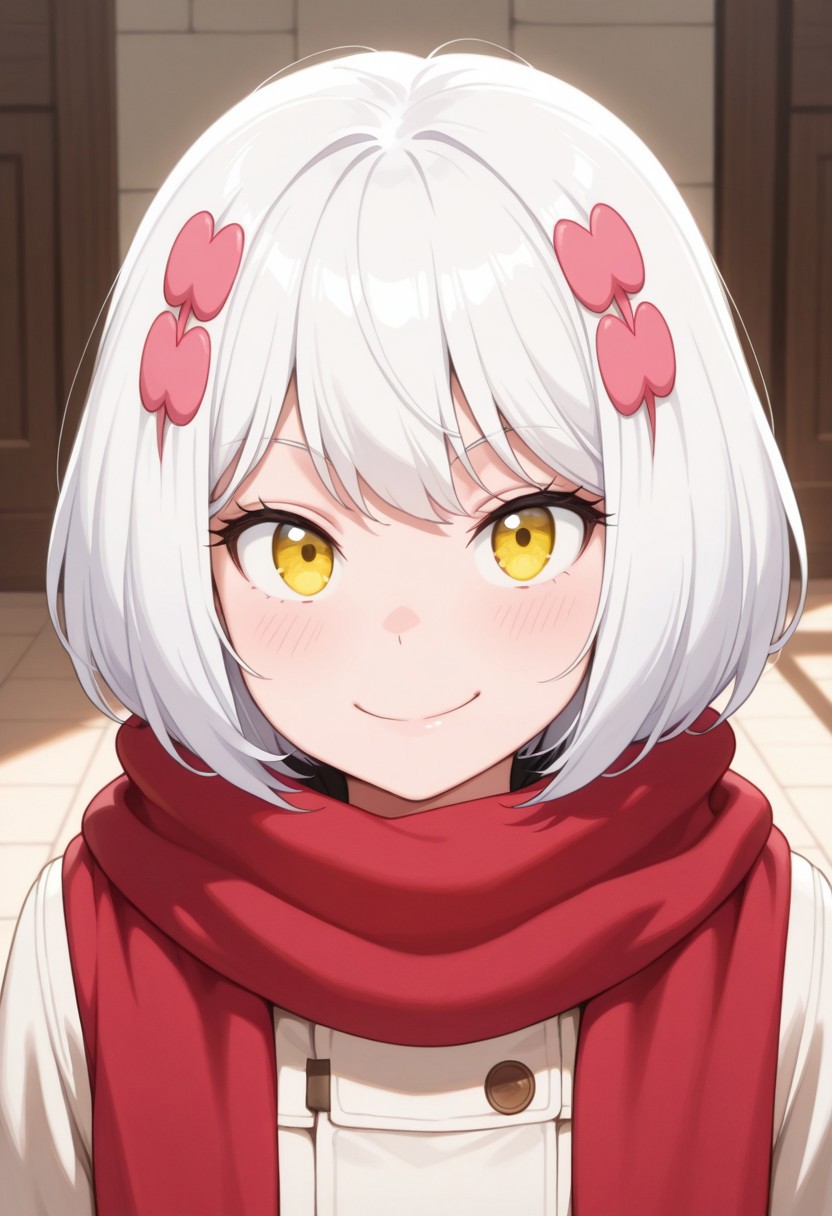 masterpiece,best quality,amazing quality, paula mccoy, short hair, white hair, yellow eyes, 1girl, solo, smile, scarf, red scarf, hair ornament, looking at viewer, closed mouth