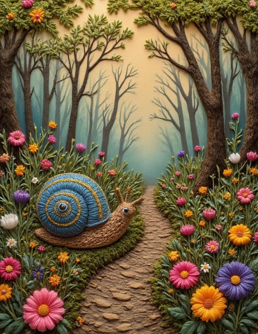 <lora:YarneyYarnYarnv2.safetensors:1>
In the heart of an enchanted forest, a life-sized, hand-painted ceramic snail stands on a winding woodland path, its shell gleaming with intricate blue and gold accents. The snail's head is adorned with meticulously detailed patterns resembling human eyes and delicate, lifelike antennae. The eyes, wide and expressive, seem to follow the viewer, imbuing the creature with an eerie, almost intelligent presence. The snail's body is rendered with hyper-realistic precision, the smooth, glistening texture of its shell contrasting with the rough, moss-covered path beneath it.
The background of the forest is a vibrant, bustling tableau. Morning mist swirls lazily between the towering trees, their broad leaves casting dappled shadows on the forest floor. An array of wildflowers in rich, vivid colors—purple, yellow, and white—dot the path, adding a whimsical touch to the scene. The pastel filter has been replaced with a warm, golden hour glow, casting the forest in a soft, ethereal light. The interplay of natural and artificial lighting enhances the contrast, with the snail's golden accents catching the light and standing out against the lush, green backdrop.
The rich depth of field brings the snail into sharp focus while maintaining the intricate details of the forest, creating a sense of urban surrealism that feels both grounded and otherworldly. The scene balances whimsy and subtle unease, inviting the viewer to explore the mysterious, hidden depths of the forest and the enigmatic presence of the snail.