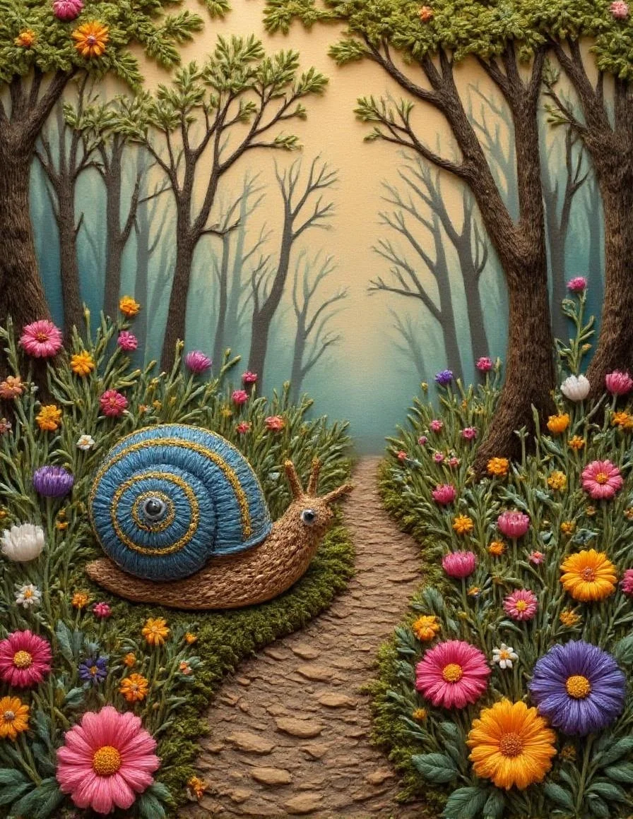 <lora:YarneyYarnYarnv2.safetensors:1>
In the heart of an enchanted forest, a life-sized, hand-painted ceramic snail stands on a winding woodland path, its shell gleaming with intricate blue and gold accents. The snail's head is adorned with meticulously detailed patterns resembling human eyes and delicate, lifelike antennae. The eyes, wide and expressive, seem to follow the viewer, imbuing the creature with an eerie, almost intelligent presence. The snail's body is rendered with hyper-realistic precision, the smooth, glistening texture of its shell contrasting with the rough, moss-covered path beneath it.
The background of the forest is a vibrant, bustling tableau. Morning mist swirls lazily between the towering trees, their broad leaves casting dappled shadows on the forest floor. An array of wildflowers in rich, vivid colors—purple, yellow, and white—dot the path, adding a whimsical touch to the scene. The pastel filter has been replaced with a warm, golden hour glow, casting the forest in a soft, ethereal light. The interplay of natural and artificial lighting enhances the contrast, with the snail's golden accents catching the light and standing out against the lush, green backdrop.
The rich depth of field brings the snail into sharp focus while maintaining the intricate details of the forest, creating a sense of urban surrealism that feels both grounded and otherworldly. The scene balances whimsy and subtle unease, inviting the viewer to explore the mysterious, hidden depths of the forest and the enigmatic presence of the snail.