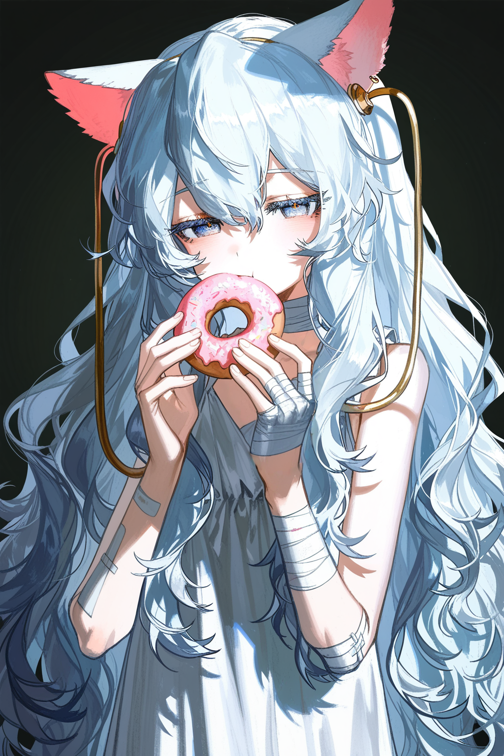 1girl, ribeyrolles \(girls' frontline\), soresaki, quasarcake, rella, solo, alternate costume, white dress, bandaged fingers, bandages, closed mouth, earrings, half-closed eyes, jewelry, long hair, looking at viewer, black background, upper body, cat ears, eating, doughnut
BREAK
best quality, masterpiece, very awa, absurdres