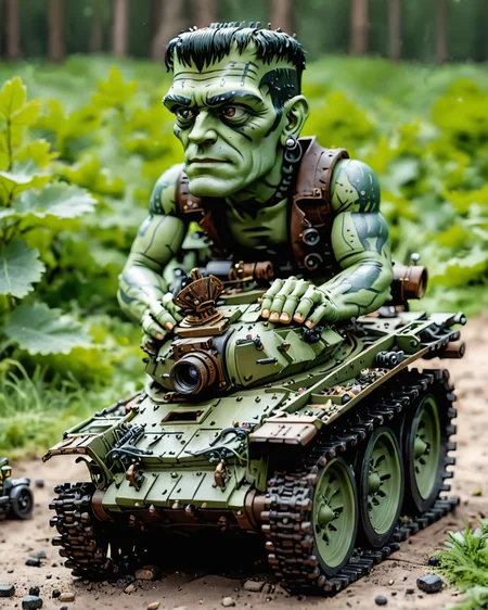 frankenstein driving a (miniature) vtnktnk tank, dslr, 8k, beautiful, perfect face, hyper realistic <lora:vtnktnk_SDXL_v1_32-000015:1> <lora:M0nstrcrz_SDXL_v1_32:0.5> <lora:retr0magz_SDXL_v1_32:0.5>
