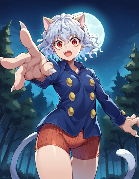 score_9, score_8_up, score_7_up, source_anime,
neferpitou, <lora:neferpitou-ponyxl-lora-nochekaiser:1>,
neferpitou, short hair, red eyes, animal ears, tail, white hair, cat ears, cat tail, curly hair, smile,
long sleeves, shorts,
outdoors, night, forest, night, moon, starry sky, fighting stance, shouting, open mouth,
looking at viewer, dutch angle, cowboy shot,