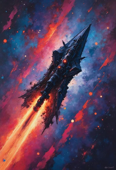 abstract oil painting, gradient vibrant neon colour, rough, textural, broad brush strokes, a sleek spaceship traversing interstellar space, detailed night sky with stars and nebulas