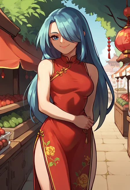 score_9, score_7_up, 1girl, cowboy shot, looking at viewer, smile, happy, closed mouth, <lora:LuciaFE-pdxl:1> defLucia, long hair, hair over one eye, red china dress, outdoors, market