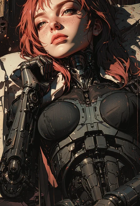Upper body portrait of a female cyborg invoker in a relaxed pose as she rests her hand on a formidable weapon in a dimly lit setting. The atmosphere is ominous yet intriguing, with shadows casting eerie silhouettes and dust particles floating lazily in the air. The cyborg invoker's upper body is meticulously detailed, from her mechanical limbs to her intricate cybernetic implants that seamlessly blend with her human features. The image focuses on her expressive eyes and the subtle details of her face, including pores and freckles. The strategic use of light creates a dramatic scene, enhancing the vivid textures and shades. The style is modern dark fantasy digital painting with some sci-fi influence and an almost ethereal feel and somewhat painterly quality, but is still linear with lines and boundaries. This arresting image presents a mesmerizing blend of sci-fi aesthetics with human emotion, inviting viewers to ponder the intersection between mankind, technology, and destiny within the dark confines of the shadows. <lora:sxz-Dark-Fantasy-v2-Flux:0.5><lora:RetroAnimeFluxV1:0.6><lora:OBååå®èåç»V2.0:0.6><lora:FluxMythG0thicL1nes:0.6>
