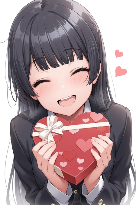 masterpiece, best quality, amazing quality,
 <lora:Rei_IL:1> rei, 1girl, solo, black hair, box, long hair, closed eyes, gift, white background, smile, bangs, jacket, simple background, holding, black jacket, open mouth, heart-shaped box, school uniform
