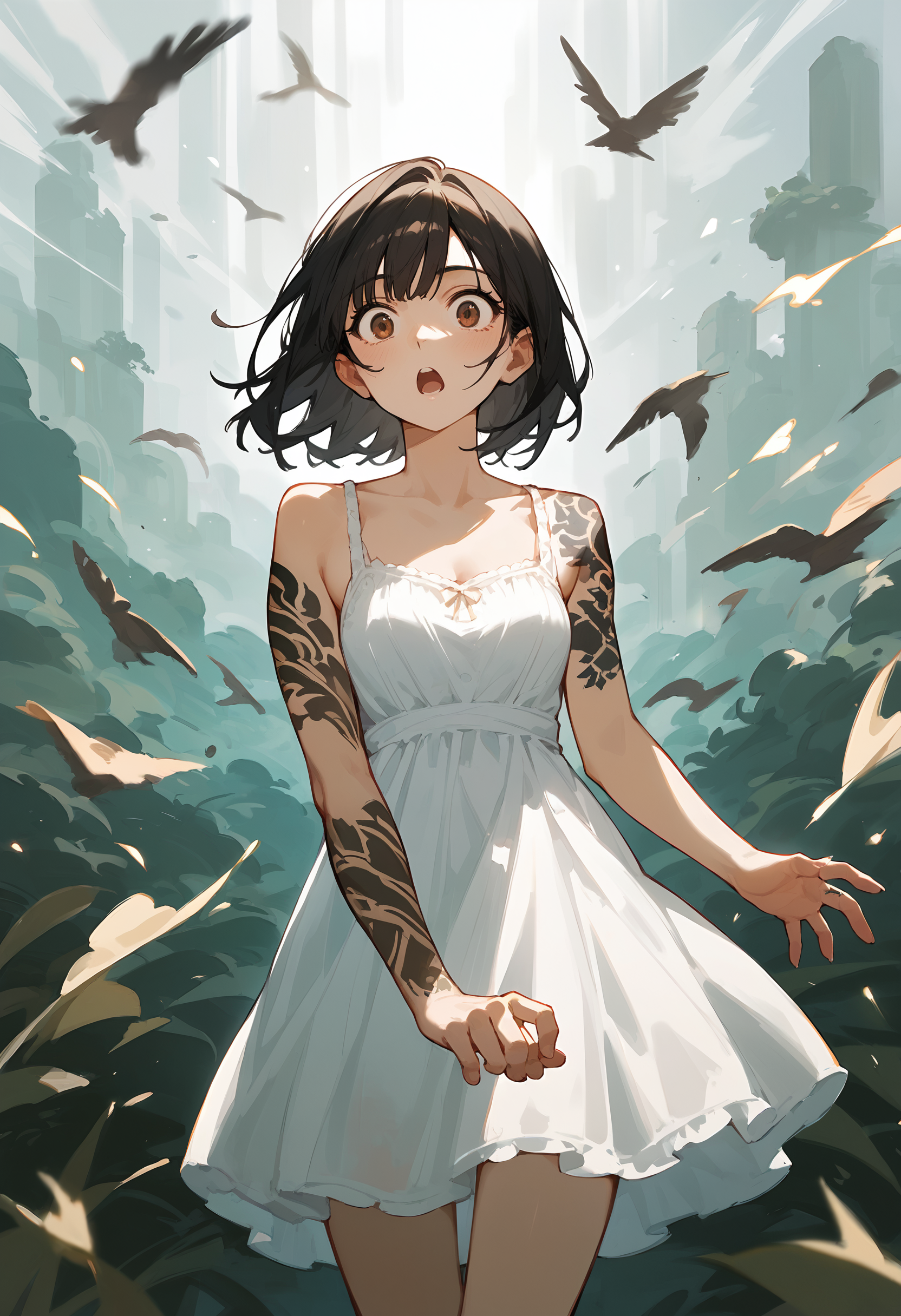 score_9, score_8_up, score_7_up, score_6_up, score_5_up, score_4_up, (masterpiece, best quality, high quality, highres, ultra-detailed), 1girl, cowboy shot, black hair, brown eyes, straight hair, high cheekbones, jawline, surprised, sundress, arm tattoo, <lora:pop-e-girlv06:.7>