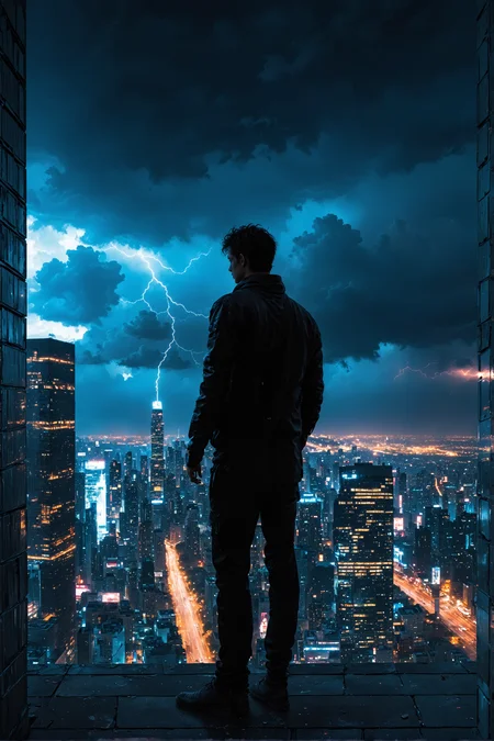 A lone figure stands on the edge of a skyscraper rooftop, overlooking a sprawling city bathed in neon lights. The wind whips around them as they gaze out over the urban landscape, lost in thought. The sky is filled with dark, rolling clouds, and distant thunder rumbles ominously. The scene is one of introspection and solitude, capturing the essence of the cyberpunk genre with its blend of human emotion and technological advancement.