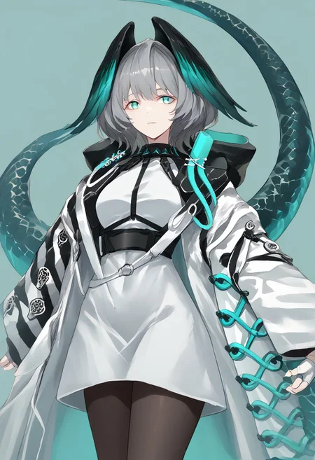 score_9, score_8_up, score_7_up, score_6_up, score_5_up, score_4_up, source_anime, 1girl, solo,
Hoolheyak, short hair, grey hair, head wings, snake tail, aqua eyes, white dress, bodycon dress, short dress, white coat, black sleeves, white sleeves, two-tone coat, wide sleeves, belt, black collar, jewelry, fur-trimmed coat, hood down, open coat, black pantyhose, fingerless gloves, white gloves,
masterpiece, best quality, very aesthetic, absurdres,