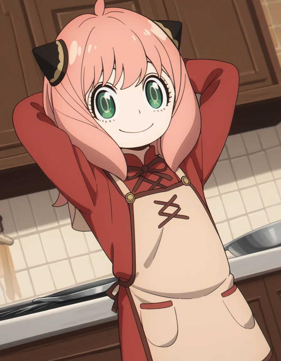 score_9, score_8_up, score_7_up, source_anime, <lora:anya-forger-movie-ponyxl-lora-nochekaiser:1>, anya forger, anya (spy x family), bangs, green eyes, pink hair, ahoge, child, female child, hairpods,, gloves, long sleeves, ribbon, brown gloves, capelet, robe,, kitchen, cooking, apron, cutting vegetables, home cooking, smile, , hands behind head,, solo,, cowboy shot, dutch angle,
