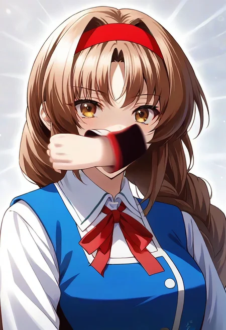 best quality, 4k, rating_safe, very aesthetic, source_anime,1girl, <lora:Takao:0.9>,takao,brown hair,brown eyes,long hair,single braid,red hairband,neck ribbon,white shirt,long sleeves,blue vest,gray skirt,school uniform,