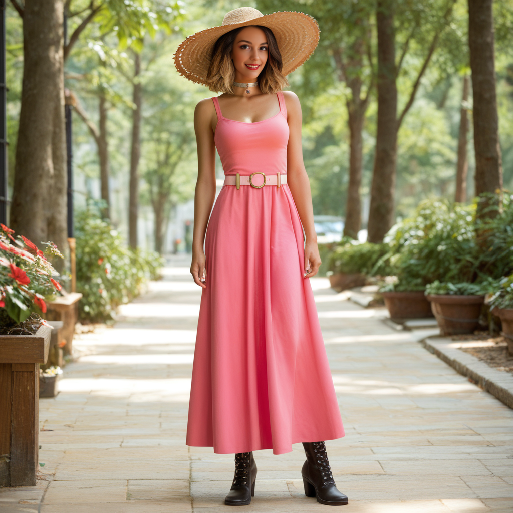 score_9, score_8_up, score_7_up, 1 woman, cinematic, ultra detailed textures, red lips, black eye shadow, detailed face, full body shot, a pastel pink dress, a white straw hat, white  tigh-highs
leather boots, silver jewelry, choker, pink leather belt,  on the streets of Palermo, a candid photo, dark brown hair, layered bob hair style, colored hair streaks, 8k, ultra detailed textures (naughty, teasing expression), summer tan, seductive smile, pale skin, deep black eyes, sensual image, , Bianca Lars <lora:Ai-model:0.6> bl4kz