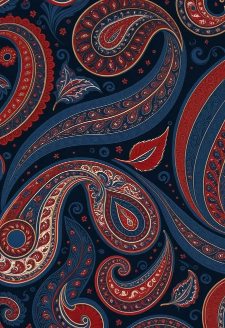 photo of a paisley pattern, boteh, paisley, navy blue, madder red, almond, entwined paislies, official art, aesthetic, dynamic angle, hyper detailed, order and chaos, dark colors, (extremely detailed, intricate details, masterpiece, best quality, 8k wallpaper:1.4), dramatic lighting, (dark blue and madder red palette:1.2), twisting paisley