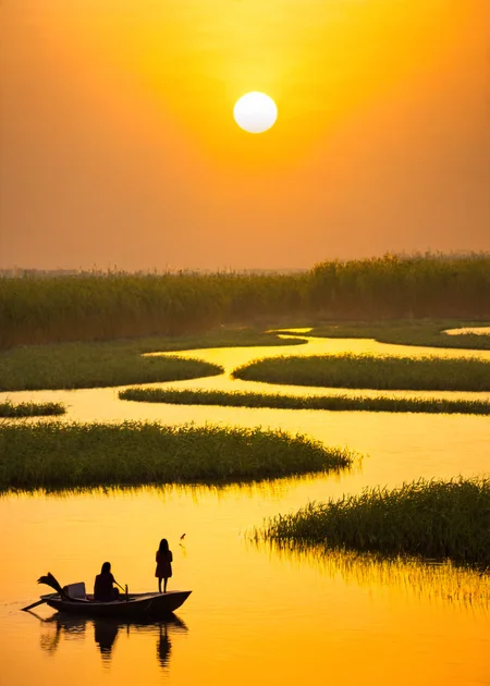<lora:ç½æ´æ·:1>,Baiyangdian Lake, scenery, outdoors, 1girl, bird, field, sunset, boat, very wide shot, solo, sky, water, grass, building, river, long hair, watercraft, orange sky, city, cityscape, silhouette, black hair, reflection, horizon, sitting, road, yellow sky, animal, masterpiece, best quality,