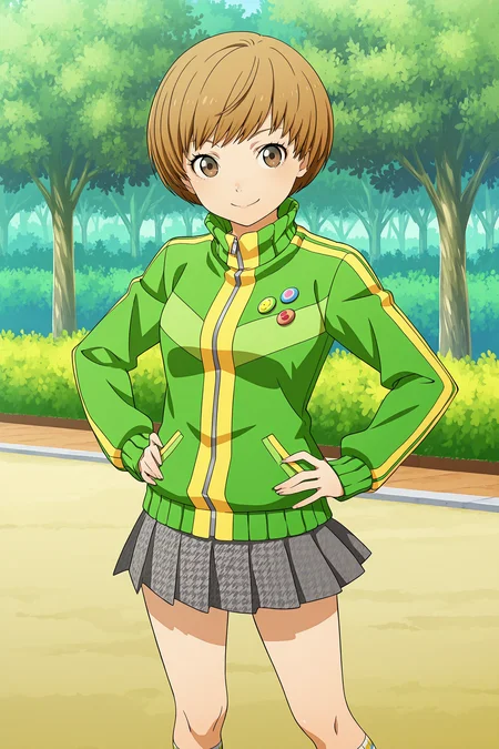 <lora:StS-Illustrious-Detail-Slider-v1.0:4>
girl is 18 years old,
outdoors,
<lora:Chie_Satonaka_Persona_4:1>
1girl, satonaka chie, solo, brown hair, track jacket, skirt, short hair, jacket, brown eyes, hands on own hips, standing, socks, button badge, cowboy shot, smile