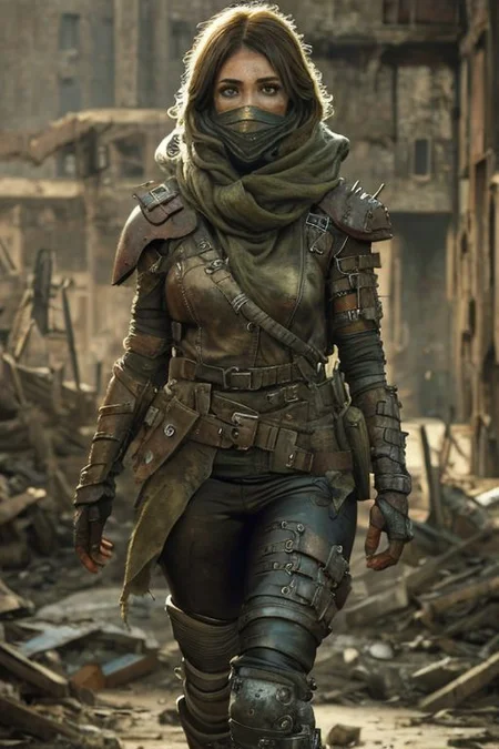 (masterpiece:1.2), (best quality,:1.2), 8k, HDR, ultra detailed, ((photorealistic)), professional light, cinematic lighting, fashion photography, ambient lighting, atmospheric effects, <lora:detail_slider_v4:3>, a beautiful woman, wild hair, dark makeup,  as a female Wasteland survivor, scarf over face, hood, long leather coat, boots, leather pants, belt, exploring the ruins of a destroyed city, <lora:Wasteland:0.66>,  WasteAr, <lora:WastelandArmor:0.7>, style of Mad Max, style of Fallout, <lora:zoom_slider_v1:3>, epiCPhoto