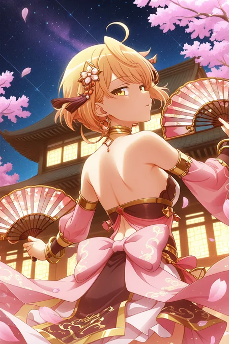 masterpiece, best quality, amazing quality,
<lora:Minku_IL:1> minku, 1girl, hand fan, solo, blonde hair, petals, hair ornament, east asian architecture, night, holding, yellow eyes, detached sleeves, architecture, jewelry, sky, short hair, looking at viewer, night sky, looking back, bracelet, cherry blossoms, star (sky), ahoge, holding fan, earrings, starry sky, dancesk
