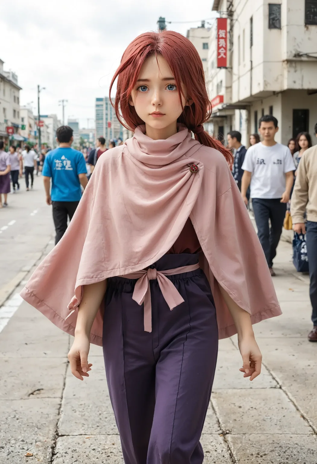 <lora:Hyper-SDXL-8steps-lora:1> <lora:Fixhands_anime_bdsqlsz_V1:1> zPDXL2, score_9, score_8_up, score_7_up, source_anime, intricate details, perfect anatomy BREAK
outdoors, city, tokyo, japan, audience, crowd, tray, serving, standing, Annoyed, Mouth turned down slightly, eyes narrowed, and a tense jaw., 1girl, solo, solo focus,
<lora:GAGE-lu_anon_XL(pony)v10:1> GAGE-lu, red hair, medium hair, low ponytail, grey eyes, GAGE-lu outfit, pink capelet, brown shirt, purple pants, brown shoes,