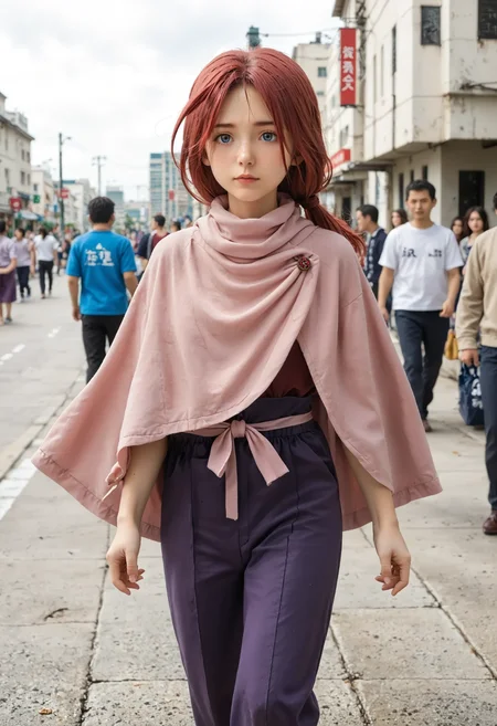 <lora:Hyper-SDXL-8steps-lora:1> <lora:Fixhands_anime_bdsqlsz_V1:1> zPDXL2, score_9, score_8_up, score_7_up, source_anime, intricate details, perfect anatomy BREAK
outdoors, city, tokyo, japan, audience, crowd, tray, serving, standing, Annoyed, Mouth turned down slightly, eyes narrowed, and a tense jaw., 1girl, solo, solo focus, 
<lora:GAGE-lu_anon_XL(pony)v10:1> GAGE-lu, red hair, medium hair, low ponytail, grey eyes, GAGE-lu outfit, pink capelet, brown shirt, purple pants, brown shoes,