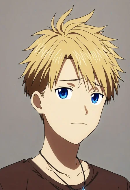 high resolution, solo, best quality, 1Boy, Yamato Ishida, Blond Hair, Blue Eyes, Necklace, potrait, dark shirt, looking at viewer, focused gaze forward, simple background, straight body, upper body, head upright, shy, OverallDetail