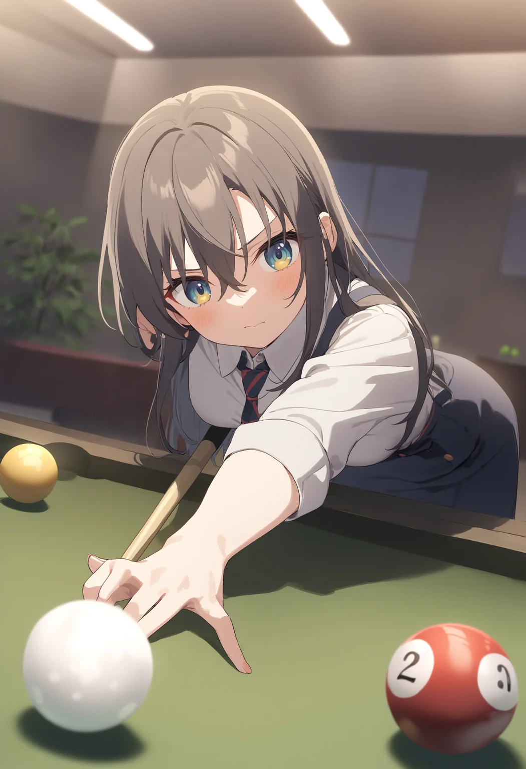 1girl,sincos, ningen mame, toosaka asagi,solo,medium breasts,school uniform,
billiards,cue stick, billiard ball, pool table, indoors,<lora:billiards_XL_v1:0.8>
from behind, fisheye lens, looking at viewer, gray hair, golden eyes,dark persona,closed mouth, single hair,,
best quality, very aesthetic, absurdres