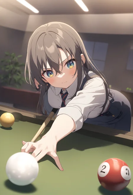 1girl,sincos, ningen mame, toosaka asagi,solo,medium breasts,school uniform,
billiards,cue stick, billiard ball, pool table, indoors,<lora:billiards_XL_v1:0.8>
from behind, fisheye lens, looking at viewer, gray hair, golden eyes,dark persona,closed mouth, single hair,,
best quality, very aesthetic, absurdres