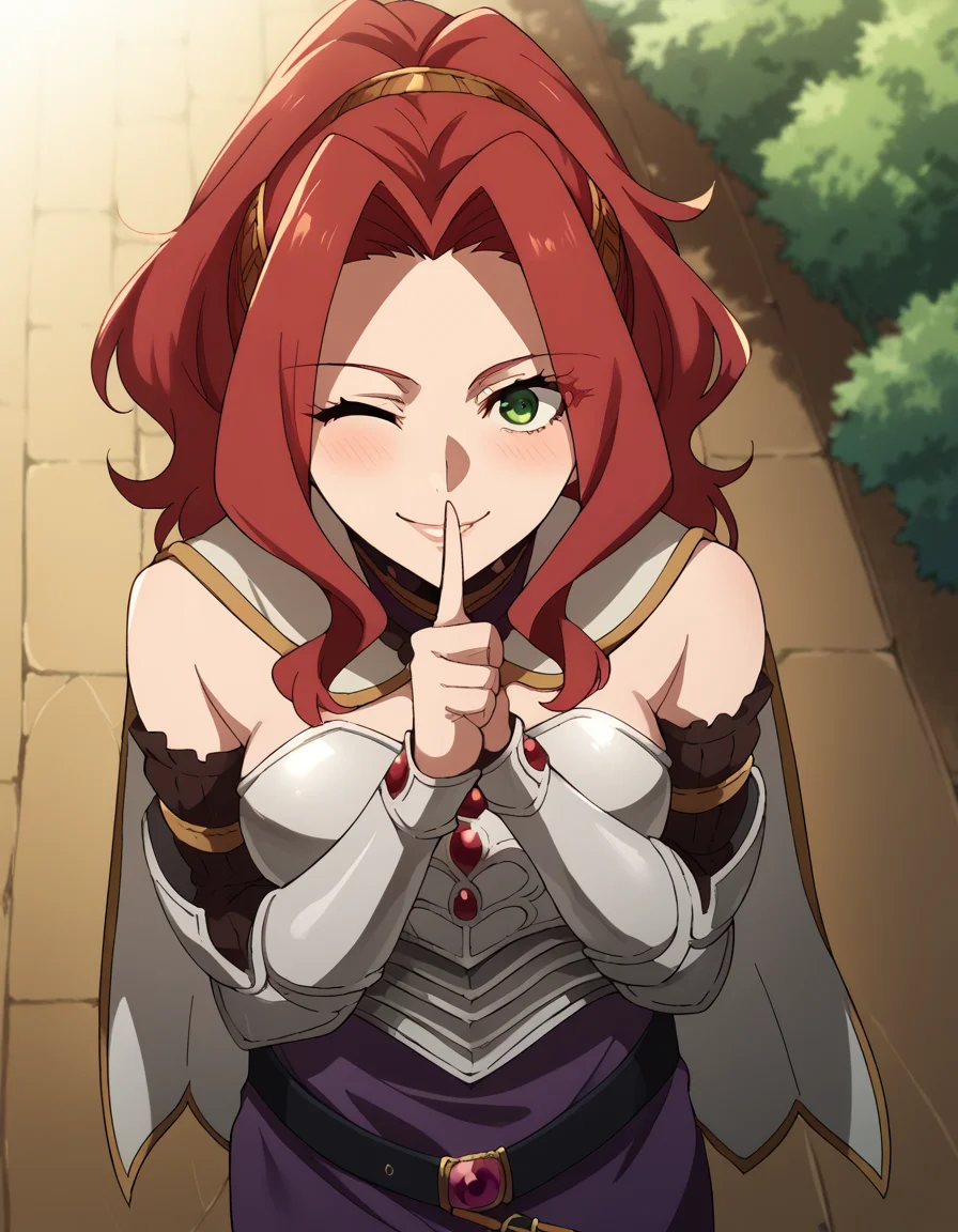 score_9, score_8_up, score_7_up, source_anime, <lora:malty-melromarc-s1s2s3-ponyxl-lora-nochekaiser:1>, malty melromarc, long hair, green eyes, red hair, parted bangs, ponytail, medium breasts, bare shoulders, belt, cape, armor, breastplate,, Natural settings, trees, rivers, sunlight, wildlife, smile, <lora:shushing-ponyxl-lora-nochekaiser:1>, shushing, finger to mouth, index finger raised, from above, library, smile, blush, one eye closed, dutch angle,, looking at viewer, solo,, dutch angle, cowboy shot