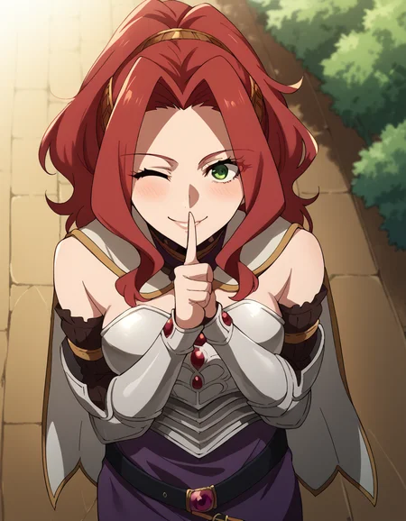 score_9, score_8_up, score_7_up, source_anime, <lora:malty-melromarc-s1s2s3-ponyxl-lora-nochekaiser:1>, malty melromarc, long hair, green eyes, red hair, parted bangs, ponytail, medium breasts, bare shoulders, belt, cape, armor, breastplate,, Natural settings, trees, rivers, sunlight, wildlife, smile, <lora:shushing-ponyxl-lora-nochekaiser:1>, shushing, finger to mouth, index finger raised, from above, library, smile, blush, one eye closed, dutch angle,, looking at viewer, solo,, dutch angle, cowboy shot