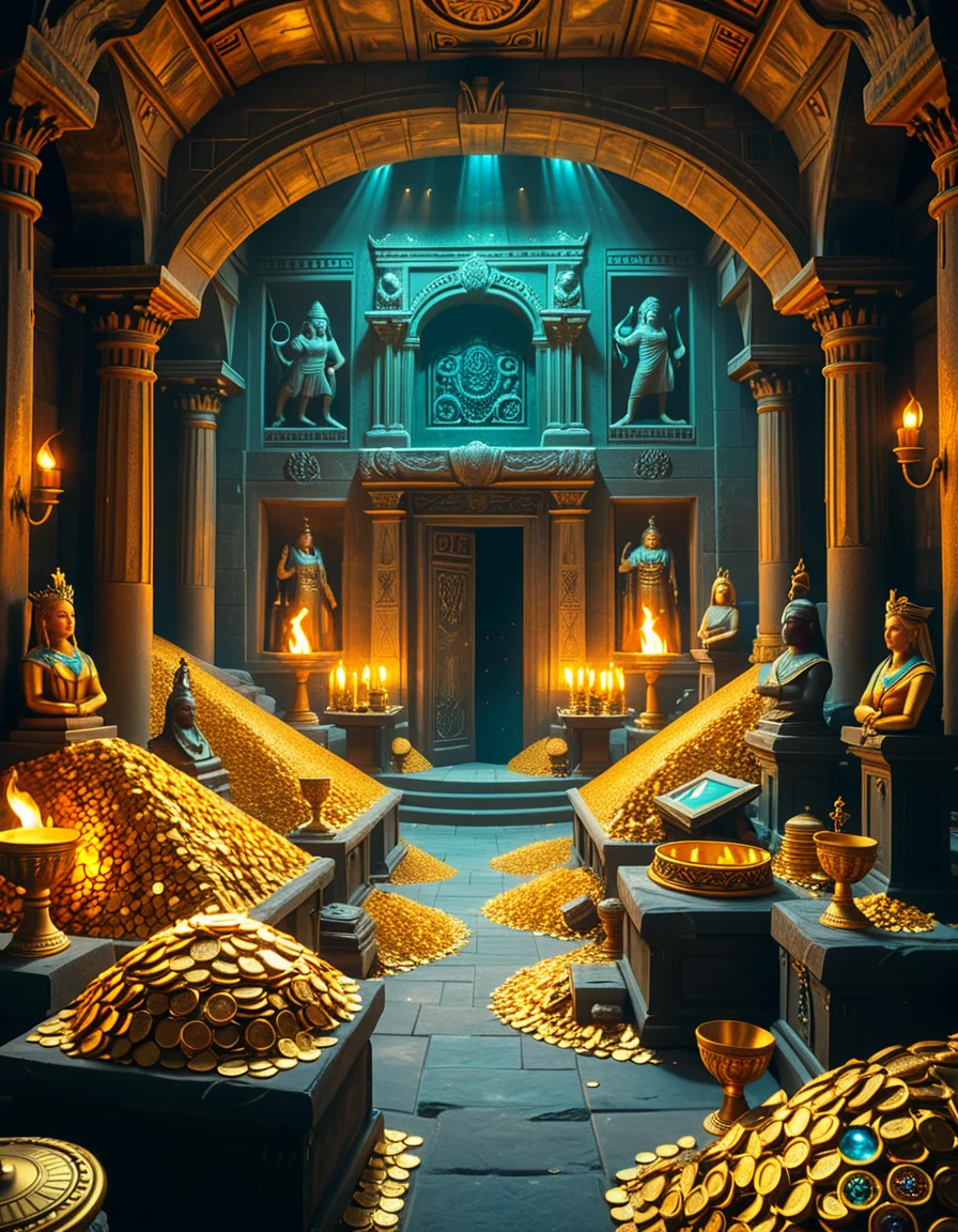 A hidden treasure chamber deep within an ancient temple, illuminated by the warm golden glow of torches and mystical blue light from enchanted crystals. The room is filled with piles of gold coins, jewel-encrusted goblets, and ancient artifacts covered in dust. Massive stone statues of forgotten deities guard the chamber, their eyes glowing faintly as if watching intruders. In the center, a grand pedestal holds a legendary artifact—an ornate golden crown encrusted with emeralds and sapphires, shimmering with an otherworldly aura. The walls are adorned with intricate carvings depicting lost civilizations, and creeping vines hint at centuries of abandonment. The atmosphere is mystical and slightly eerie, with a sense of both wonder and danger. The air is thick with the scent of aged parchment and burning incense, adding to the chamber’s ancient and mysterious feel. Cinematic lighting with dramatic shadows enhances the depth and richness of the scene, creating a visually stunning and immersive environment.
<lora:SDXLFaeTastic2400:0.4> <lora:extremely_detailed:0.4> extremely detailed, <lora:treasure_ch4mb3r:1>,treasure ch4mb3r, Masterpiece,best quality,hi res,8k,hi res,8k,award winning,(sharp focus, intricate, highly detailed),