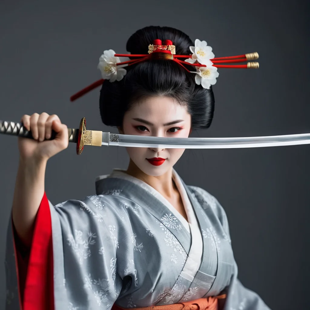 cinematic film still of <lora:female samurai style v2:1>
medium shot, an epic cinematic photo of a geisha woman holding a sword with bother hands, looking at camera with red lips and cute smile, in a grey background, female samurai style, shallow depth of field, vignette, highly detailed, high budget, bokeh, cinemascope, moody, epic, gorgeous, film grain, grainy