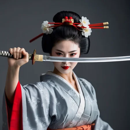 cinematic film still of  <lora:female samurai style v2:1>
medium shot, an epic cinematic photo of a geisha woman holding a sword with bother hands, looking at camera with red lips and cute smile, in a grey background, female samurai style, shallow depth of field, vignette, highly detailed, high budget, bokeh, cinemascope, moody, epic, gorgeous, film grain, grainy