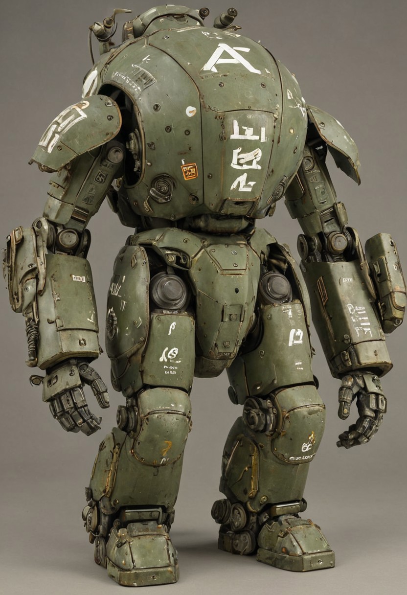 Image features a detailed, weathered, and heavily armored mech suit with a rugged, industrial design. The suit is predominantly a worn, olive-green color with visible rust and wear, giving it a battle-hardened appearance. It has a bulky, rounded structure with various mechanical components, including a large, cylindrical backpack, multiple exhaust pipes, and a prominent chest plate. The front of the suit displays white stenciled markings, including the characters 'AZ' and other symbols. The suit's surface is textured with scratches and dents, adding to its realistic, used look. The background is a plain, solid beige color, which contrasts with the intricate details of the mech suit.
