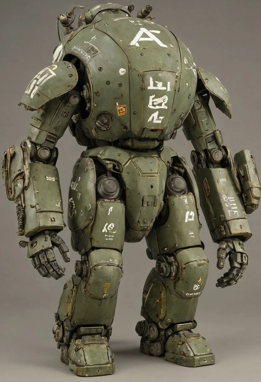 Image features a detailed, weathered, and heavily armored mech suit with a rugged, industrial design. The suit is predominantly a worn, olive-green color with visible rust and wear, giving it a battle-hardened appearance. It has a bulky, rounded structure with various mechanical components, including a large, cylindrical backpack, multiple exhaust pipes, and a prominent chest plate. The front of the suit displays white stenciled markings, including the characters 'AZ' and other symbols. The suit's surface is textured with scratches and dents, adding to its realistic, used look. The background is a plain, solid beige color, which contrasts with the intricate details of the mech suit.
