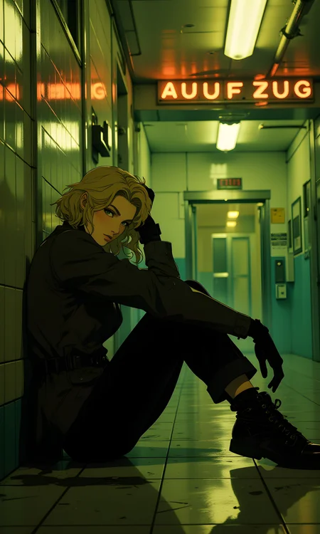 Striking and atmospheric scene featuring a woman sitting on the floor in a tiled corridor. The camera is positioned at a low angle, looking up at the subject, which creates a sense of depth and perspective. The angle also emphasizes the expanse of the corridor and the surrounding environment.
The lighting in the image is dim and moody, with a greenish-yellow hue that adds to the overall sense of unease and tension. The light type appears to be artificial, likely from overhead fluorescent lights, which create a cold and sterile atmosphere. The light direction is from above, casting shadows that highlight the contours of her face and the texture of her clothing.
The woman is leaning against the wall, with one hand resting on her head and the other arm extended outward. Her expression is serious and contemplative, suggesting she might be lost in thought or experiencing some form of distress. She is wearing a dark jacket and pants, which add to the overall sense of seriousness and intensity. Her blonde hair falls loosely around her shoulders, adding a touch of softness to the otherwise harsh setting.
The background features a tiled wall and a door labeled "AUFZUG," indicating an elevator entrance. The colors and textures in the background complement the subject's appearance, creating a harmonious and visually appealing composition. The overall mood of the image is one of quiet reflection and introspection, capturing a moment of stillness and emotion in an urban setting.
BREAK anime, d13s3lp2nk, bboil artist style, OBdonman, <lora:FLUX\Anime Art V3:0.7000000000000001>, <lora:FLUX\Synesthesia:0.2>, <lora:FLUX\RetroAnimeS1.1:0.4>, <lora:FLUX\Flux-jijia:0.1>, <lora:FLUX\It's a LoRA for portraits, BUT! actually specialized in backgrounds. v1.0:0.1>, <lora:FLUX\GLSHS:0.2>, <lora:FLUX\Dieselpunk Delight - s0_9 g4:0.4>, <lora:FLUX\OBdonman, anime0style portrait:0.1>