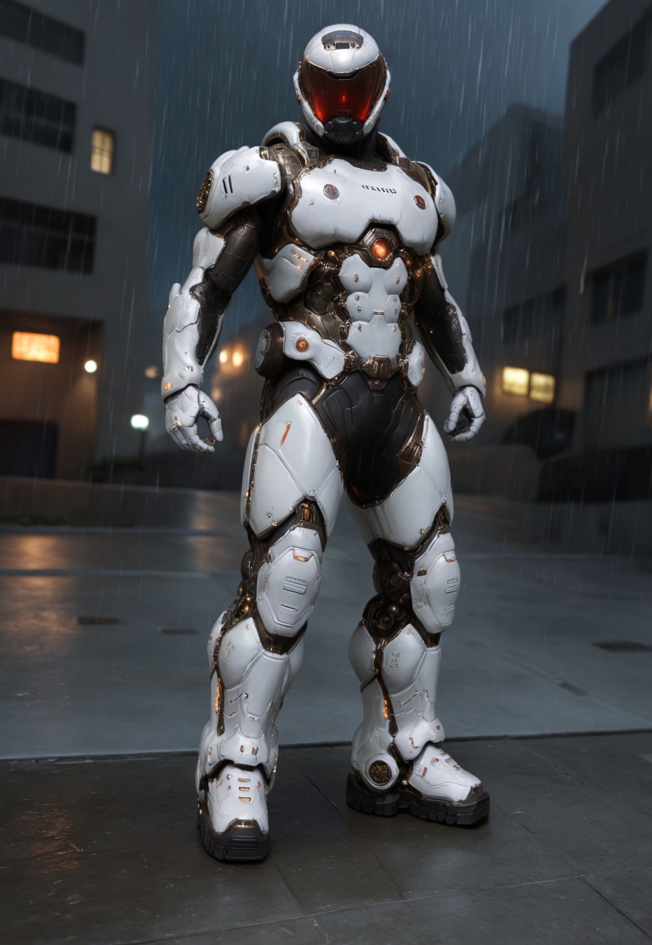 towering structures,skyscrapers, fully detailed environment, (rim lighting, studio lighting, rain, distant moonlight, night, bloom), (cinematic, best quality, masterpiece, ultra HD textures, highly detailed, hyper-realistic, intricate detail, raining, glowing,, detailxl, Heavy Mech,  Cyborg, Robot, Power Armor, Tactical, Advanced Gear, Power Suit, Exoskeleton, , Futuristic, scibu, science fiction, building, architecture, spcrft,, full body shot(, muscular with exoskeleton, metal gear, digital illustration of a futuristic armored  warframe, masterpiece, mechanical design,, absurdness, photorealism, detailed head structure, insanely detailed, Futuristic, hard surface modellingdetailxl, unreal engine,. The suit features various textures and layers,, geometric shapes, robotic appearance. The suit has several logos and text in white, including a prominent circular emblem on the chest and arm. The overall design is sleek and modern, with a strong emphasis on technology and advanced materials