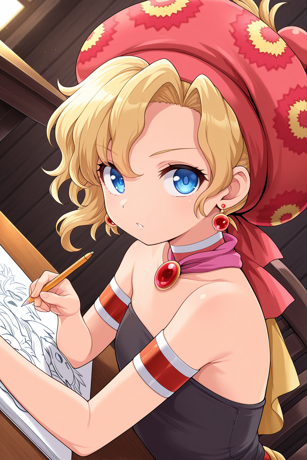 1girl, RelmArrownyFinalFantasy, 
general, solo, pov across table, dutch angle, from side, upper body,
short hair, blonde hair, wavy hair, blue eyes,
hat, earrings,
choker, jewelry, scarf, 
armband,
strapless,
sitting, looking at viewer, serious, parted lips, sketching, holding pencil, holding sketchbook,
fantasy, indoors, table, 
<lora:kp_RelmArrownyFinalFantasyIllustrious_v1_0:1.0>,
masterpiece, best quality, amazing quality