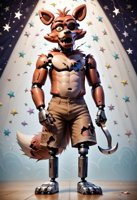 score_9, score_8_up, score_7_up, solo male, FoxyPirateFNAF1, yellow eyes, (hook, hook hand, hook for left hand:1.1), eyepatch on left eye, robot, withered animatronic, robot joints, animatronic, damaged body, red fur, brown shorts, torn clothing, chest tuft, head tuft, cheek tuft, shoulder tuft, metal legs, fox tail, fangs, biped, smirk, smug, grin, standing, bent legs, spread legs, full-length portrait, standing, cool, psychedelic background, star pattern, confetti, looking at viewer, 
BREAK
highly detailed, shading, highres, Masterpiece, perfect lighting, zPDXL3, detailed background