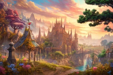 landsknecht, paper-cut, fairy tale, delicate scene, rime, crystal flower, landknt, with a hat, with armor, beard, long hair, mustache, FanLan, An expansive, beautifully illustrated medieval fantasy city viewed from a hilltop in the distance, surrounded by lush, dense forests. Majestic stone gates stand at the entrance, with wagons and travelers arriving along winding dirt roads. The city is full of intricate, towering buildings with pointed roofs and castles rising above the skyline, all bathed in warm, golden sunlight. Flags flutter in the breeze, and you can see market stalls near the gates. The forest trees are rich in detail, with leaves swaying in the wind. The artwork is highly detailed, vibrant, and full of life, creating an enchanting, immersive scene,