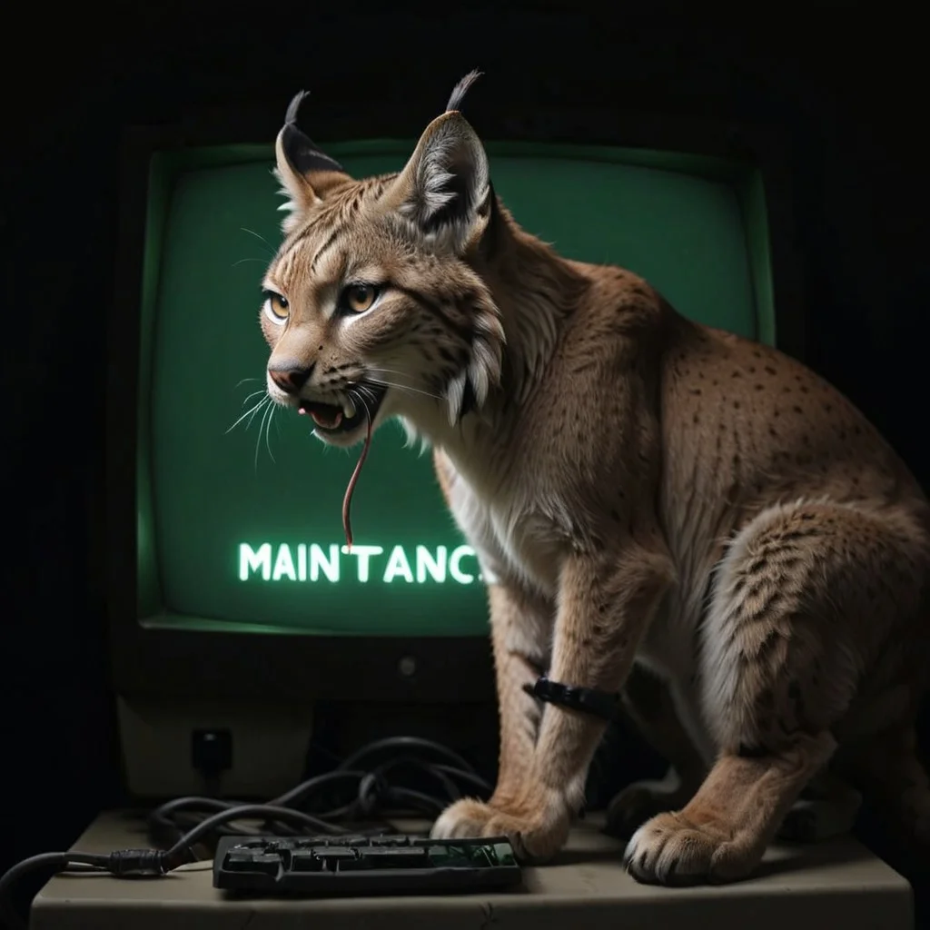 eurasian lynx, looking at monitor, chewing on cable, cable mess, mntnnc_md_plz_stand_by, text on monitor: "maintenance mode: plz stand by"
