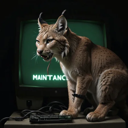 eurasian lynx, looking at monitor, chewing on cable, cable mess, mntnnc_md_plz_stand_by, text on monitor: "maintenance mode: plz stand by"