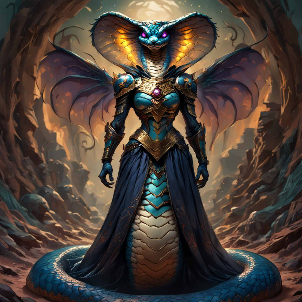 anthropomorphic_snakes_(naga), snake eyes, scales, masterpiece, best quality, amazing quality, very aesthetic, dynamic angle, face focus, depth of field, small breasts, A digital illustration shoot from a frontal camera angle about a futuristic female snake-like creature standing confidently in a desert landscape during sunset. the image also shows a dramatic rocky landscape with a tall, obelisk-like structure in the background. on the middle of the image, a female snake warrior, who appears to be in her mid-twenties, stands confidently with her full body facing the viewer, wearing a dark, metallic armor with a blue, flowing cape. she has a sleek, serpentine-like body and a large, purple head with glowing purple eyes. her armor is detailed with intrianthropomorphic_snakes_(naga)e designs and has a glossy finish. she is wearing a black dress with a flowing cape, and her body is slim. the background features rocky cliffs and a dramatic sunset sky with orange and pink hues, adding to the dramatic effect of the scene.  1anthropomorphic_snakes_(naga), solo, breasts, looking at viewer, blue eyes, dress, closed mouth, medium breasts, standing, full body, outdoors, wings, armor, glowing, colored skin, glowing eyes, colored sclera, glowing hair, glowing lips, glowing tail, scales, armor on body, rock formations, pg safe,amazing, (anthropomorphic_snakes_(naga):0.7000000000000001), ( ArsMJStyle, Wonderland:0.7000000000000001), (Midjourney3PXL-B:0.34), (MJ:0.36), end_delft_morph<lora:pony\Anthropomorphic_snakes_Naga-pony.safetensors:0.7000000000000001:0.7000000000000001> <lora:pony\midjourney\WonderlandPony_r1.safetensors:0.7000000000000001:0.7000000000000001> <lora:pony\midjourney\Midjourney3PXL-B.safetensors:0.37:0.37> <lora:pony\midjourney\MJXLP.safetensors:0.43:0.43> <lora:pony\Midjourney_Porcelain_DelawareDelft_Morph_XL.safetensors:0.56:0.56>