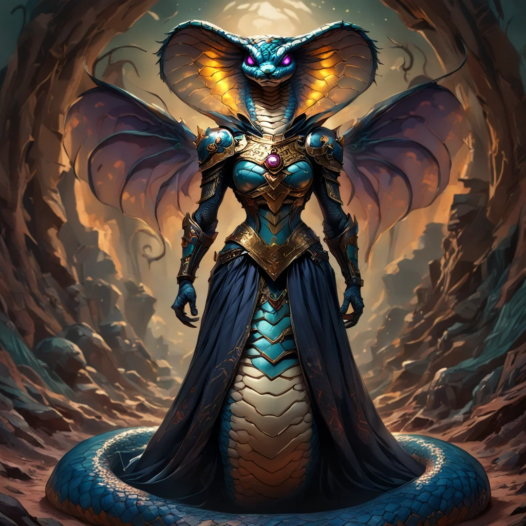 anthropomorphic_snakes_(naga), snake eyes, scales, masterpiece, best quality, amazing quality, very aesthetic, dynamic angle, face focus, depth of field, small breasts, A digital illustration shoot from a frontal camera angle about a futuristic female snake-like creature standing confidently in a desert landscape during sunset. the image also shows a dramatic rocky landscape with a tall, obelisk-like structure in the background. on the middle of the image, a female snake warrior, who appears to be in her mid-twenties, stands confidently with her full body facing the viewer, wearing a dark, metallic armor with a blue, flowing cape. she has a sleek, serpentine-like body and a large, purple head with glowing purple eyes. her armor is detailed with intrianthropomorphic_snakes_(naga)e designs and has a glossy finish. she is wearing a black dress with a flowing cape, and her body is slim. the background features rocky cliffs and a dramatic sunset sky with orange and pink hues, adding to the dramatic effect of the scene. 1anthropomorphic_snakes_(naga), solo, breasts, looking at viewer, blue eyes, dress, closed mouth, medium breasts, standing, full body, outdoors, wings, armor, glowing, colored skin, glowing eyes, colored sclera, glowing hair, glowing lips, glowing tail, scales, armor on body, rock formations, pg safe,amazing, (anthropomorphic_snakes_(naga):0.7000000000000001), ( ArsMJStyle, Wonderland:0.7000000000000001), (Midjourney3PXL-B:0.34), (MJ:0.36), end_delft_morph<lora:pony\Anthropomorphic_snakes_Naga-pony.safetensors:0.7000000000000001:0.7000000000000001> <lora:pony\midjourney\WonderlandPony_r1.safetensors:0.7000000000000001:0.7000000000000001> <lora:pony\midjourney\Midjourney3PXL-B.safetensors:0.37:0.37> <lora:pony\midjourney\MJXLP.safetensors:0.43:0.43> <lora:pony\Midjourney_Porcelain_DelawareDelft_Morph_XL.safetensors:0.56:0.56>