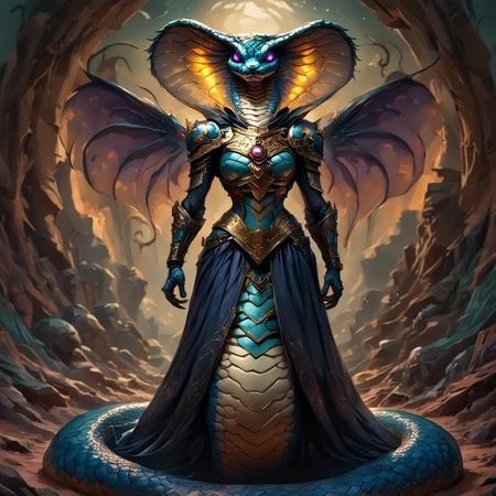 anthropomorphic_snakes_(naga), snake eyes, scales, masterpiece, best quality, amazing quality, very aesthetic, dynamic angle, face focus, depth of field, small breasts, A digital illustration shoot from a frontal camera angle about a futuristic female snake-like creature standing confidently in a desert landscape during sunset. the image also shows a dramatic rocky landscape with a tall, obelisk-like structure in the background. on the middle of the image, a female snake warrior, who appears to be in her mid-twenties, stands confidently with her full body facing the viewer, wearing a dark, metallic armor with a blue, flowing cape. she has a sleek, serpentine-like body and a large, purple head with glowing purple eyes. her armor is detailed with intrianthropomorphic_snakes_(naga)e designs and has a glossy finish. she is wearing a black dress with a flowing cape, and her body is slim. the background features rocky cliffs and a dramatic sunset sky with orange and pink hues, adding to the dramatic effect of the scene. 1anthropomorphic_snakes_(naga), solo, breasts, looking at viewer, blue eyes, dress, closed mouth, medium breasts, standing, full body, outdoors, wings, armor, glowing, colored skin, glowing eyes, colored sclera, glowing hair, glowing lips, glowing tail, scales, armor on body, rock formations, pg safe,amazing, (anthropomorphic_snakes_(naga):0.7000000000000001), ( ArsMJStyle, Wonderland:0.7000000000000001), (Midjourney3PXL-B:0.34), (MJ:0.36), end_delft_morph<lora:pony\Anthropomorphic_snakes_Naga-pony.safetensors:0.7000000000000001:0.7000000000000001> <lora:pony\midjourney\WonderlandPony_r1.safetensors:0.7000000000000001:0.7000000000000001> <lora:pony\midjourney\Midjourney3PXL-B.safetensors:0.37:0.37> <lora:pony\midjourney\MJXLP.safetensors:0.43:0.43> <lora:pony\Midjourney_Porcelain_DelawareDelft_Morph_XL.safetensors:0.56:0.56>