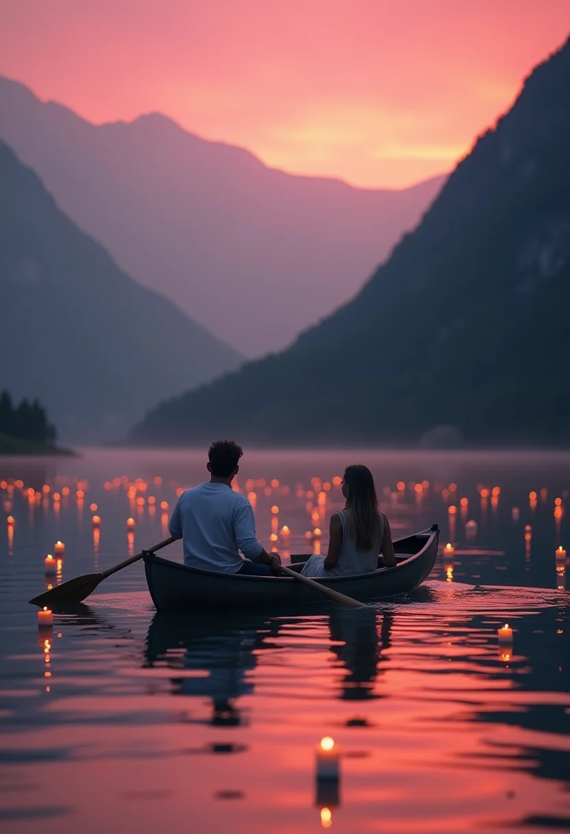 cinematic photo Evening. A man and a woman are floating in a boat on a mountain lake, positioned opposite each other. The man is rowing with oars. There are many small candles floating in the lake. The sky is scarlet pink . 35mm photograph, film, bokeh, professional, 4k, highly detailed