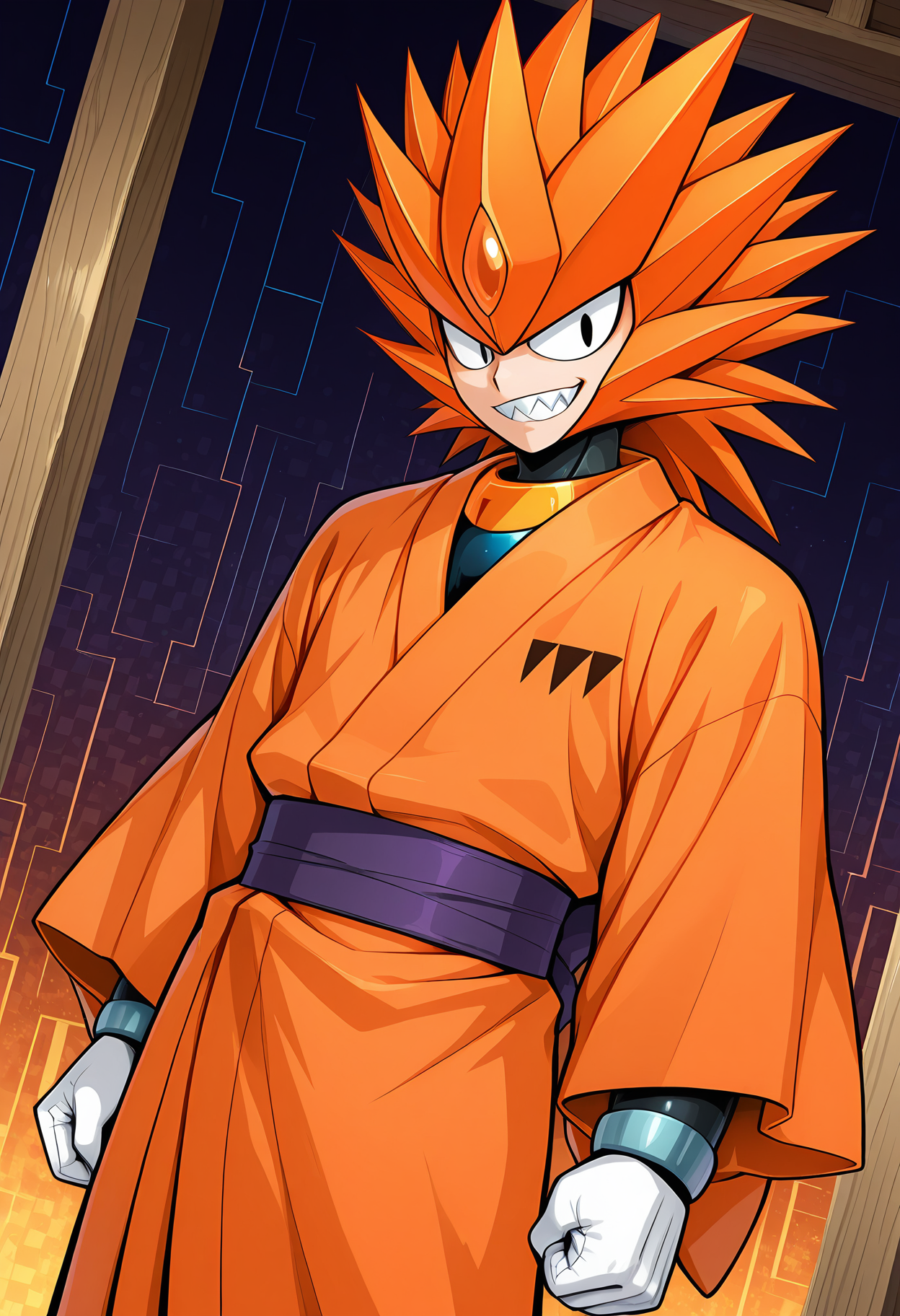 masterpiece, best quality, amazing quality, dutch angle, abstract background, BREAK
1boy, solo, android, mm7_slash, orange hair, black eyes, sharp teeth, yukata, japanese clothing, BREAK
<lora:cfg_scale_boost:.6>  <lora:Slash_Man_-_Mega_Man_7_-_ILXL:1>
